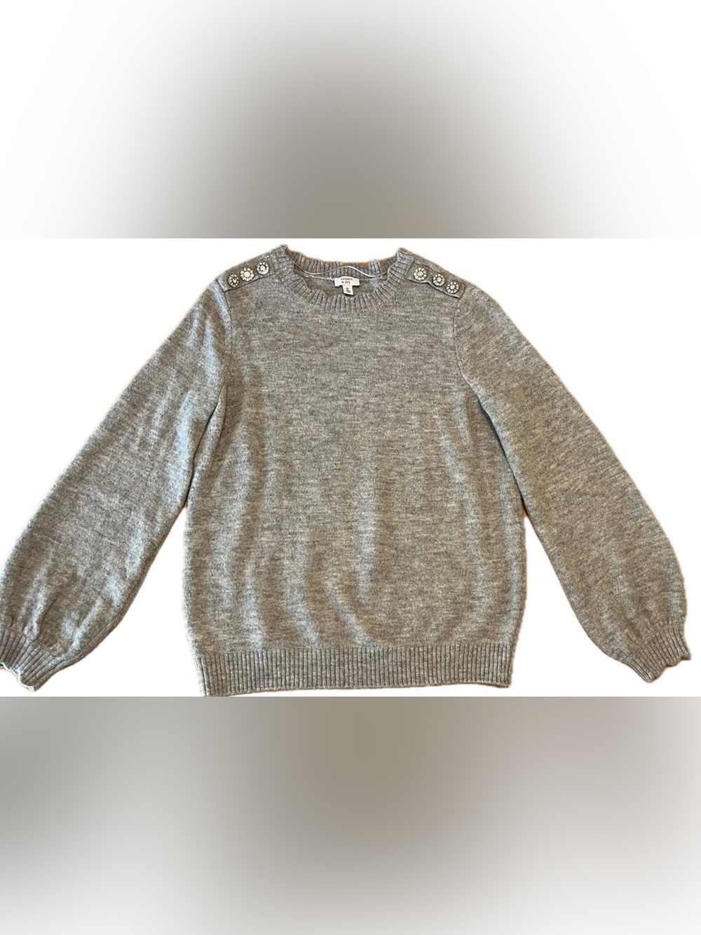 crown & ivy Grey Crewneck Sweater with Embellished Shoulders, Women’s XL